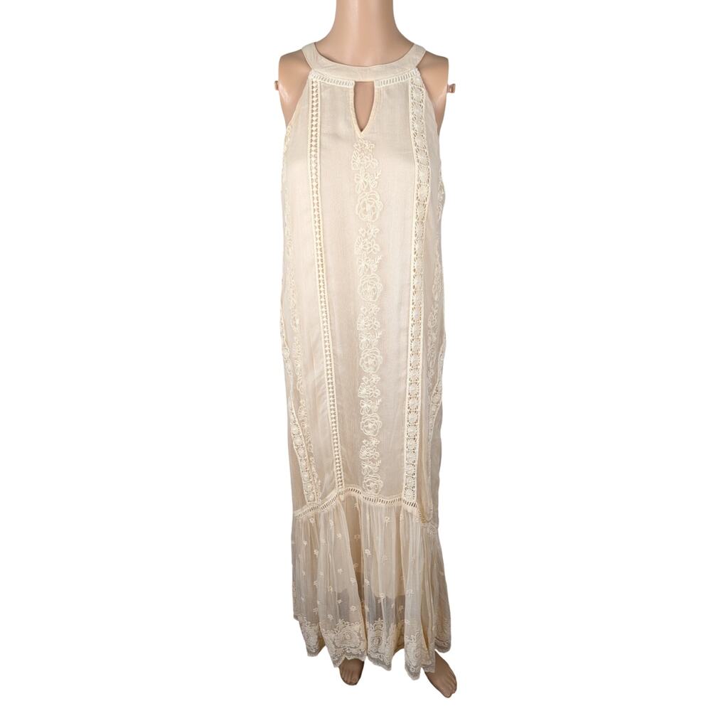 Sundance Adara Cream Cupro Eyelet Embroidered Halter Midi Dress Flounce Hem 6